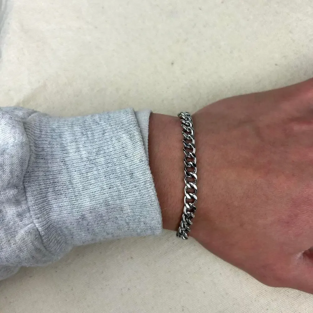 Vintage style stainless steel silver cuban link chain bracelet cyber grunge 7mm